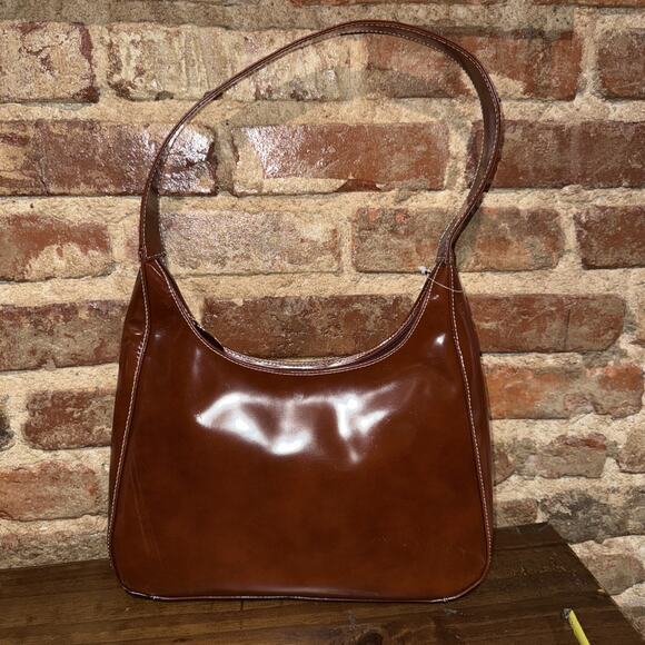 Talbots NWT Vintage Brown Patent Leather like Handbag Gold Accents Zipper Close - Picture 3 of 9